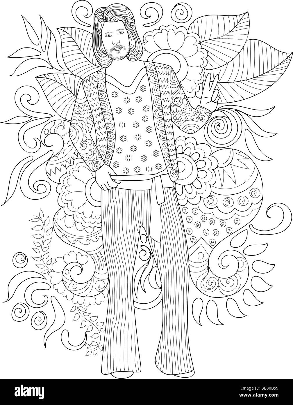 Illustrazione in bianco e nero che raffigura una persona alla moda degli anni '1970, con pantaloni con fondo a campana, una camicia a motivi geometrici e una psiche dettagliata Illustrazione Vettoriale