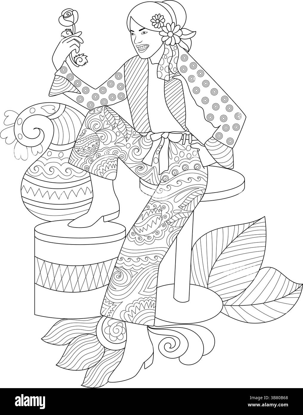 Illustrazione a linee bianche e nere per colorare, con una donna vestita con dettagli anni '70, compresi pantaloni a gamba larga fantasia, una giacca, una A. Illustrazione Vettoriale