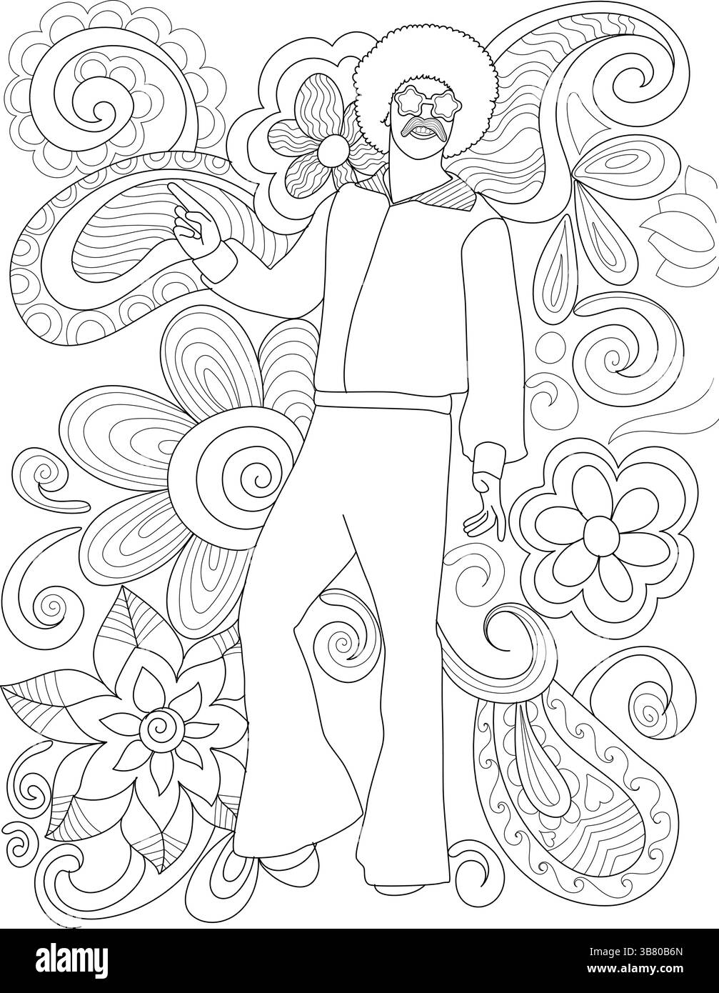Illustrazione in bianco e nero di un personaggio dell'iconica moda anni '1970, completa di occhiali da sole afro, baffi, pantaloni con fondo a campana, e a Illustrazione Vettoriale