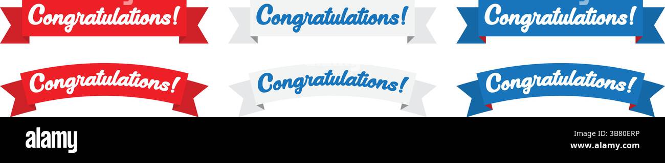 Set di banner di congratulazioni in varianti nastro blu, rosso e bianco. Sfondo trasparente Illustrazione Vettoriale