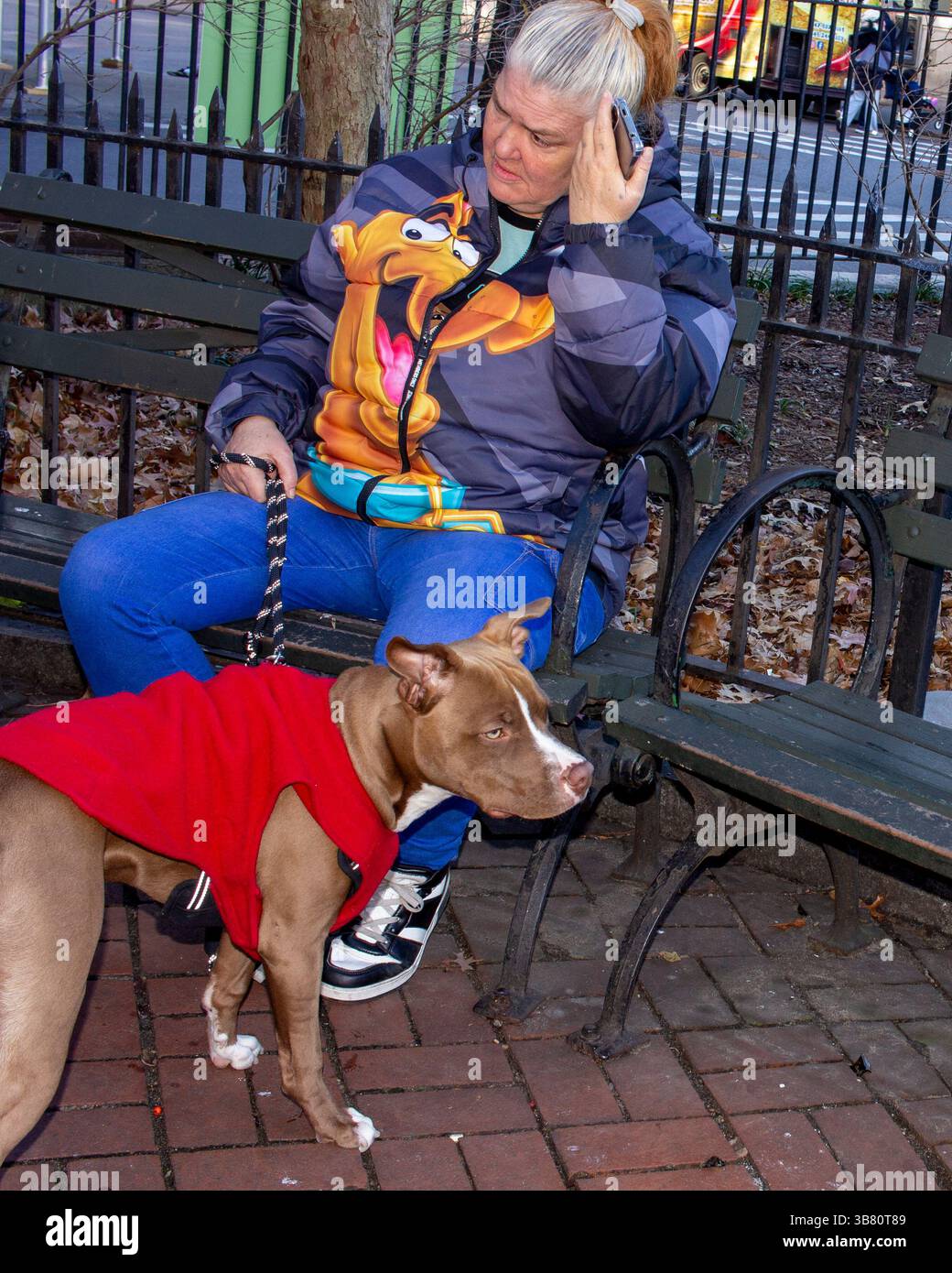15 dicembre 2023, New York, New York, USA: Una donna che indossa una giacca Scooby-Doo con il suo cane. (Immagine di credito: © John Marshall Mantel/ZUMA Press Wire) Foto Stock
