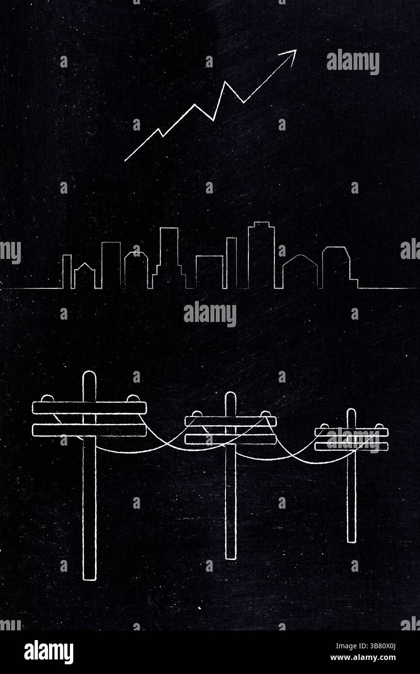 Tralicci elettrici con skyline della città e freccia verso l'alto, che rappresentano un aumento della domanda di energia, l'aumento dei costi dell'elettricità e l'inflazione. Foto Stock
