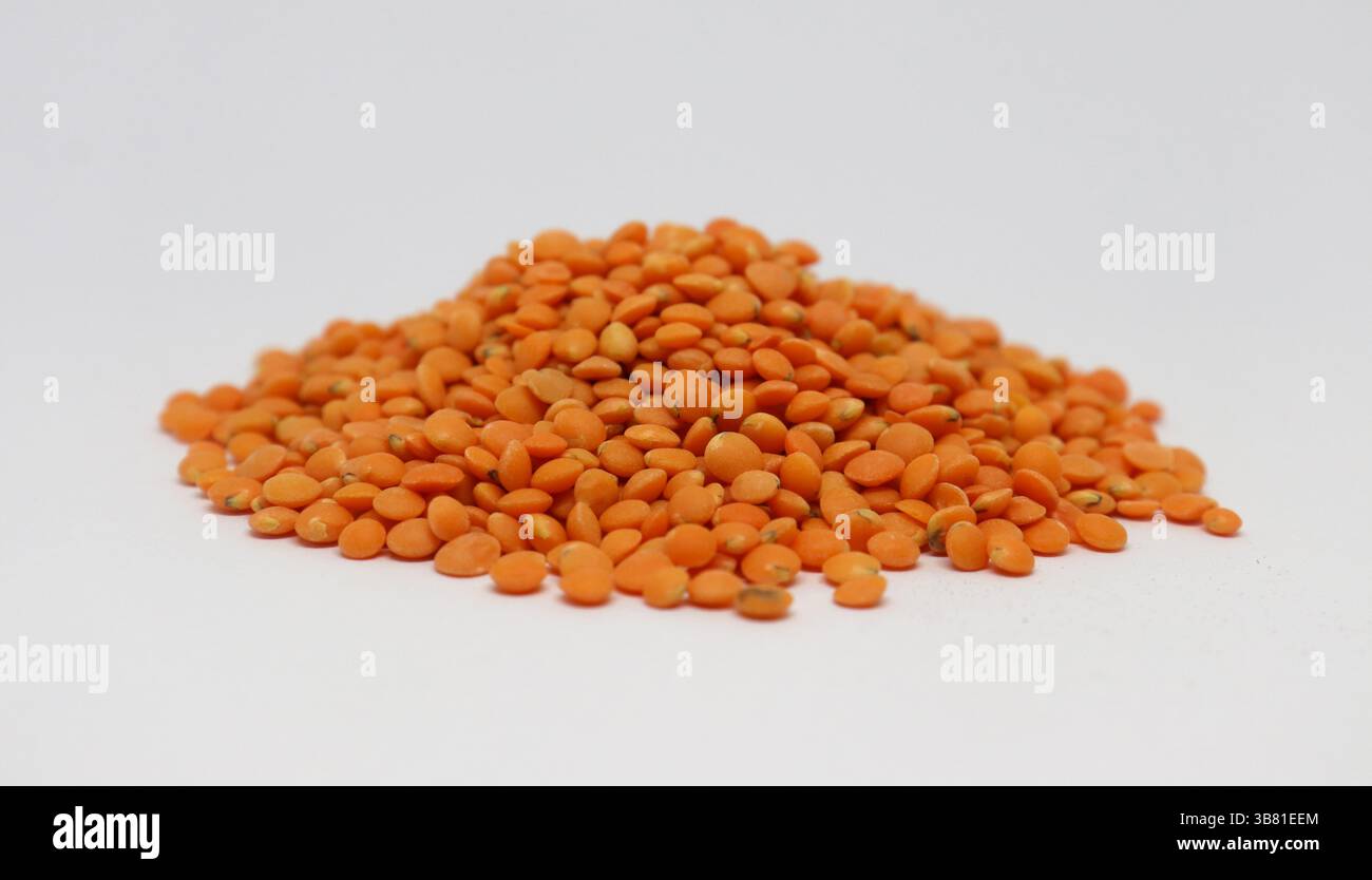 Catturata con una nitidezza incredibile, questa fotografia ad alta risoluzione presenta un mucchio di lenticchie rosse secche, perfette per illustrare concetti culinari e guarire Foto Stock