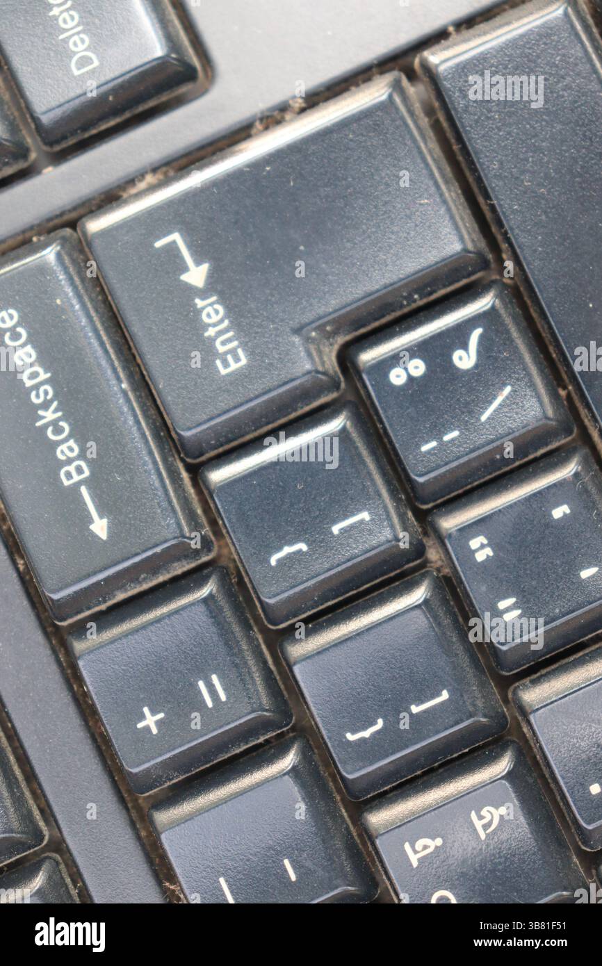 Questa foto mostra un primo piano di una tastiera nera e leggermente sporca che evidenzia tasti quali Invio, Backspace, Canc, più/meno. Le chiavi fe Foto Stock