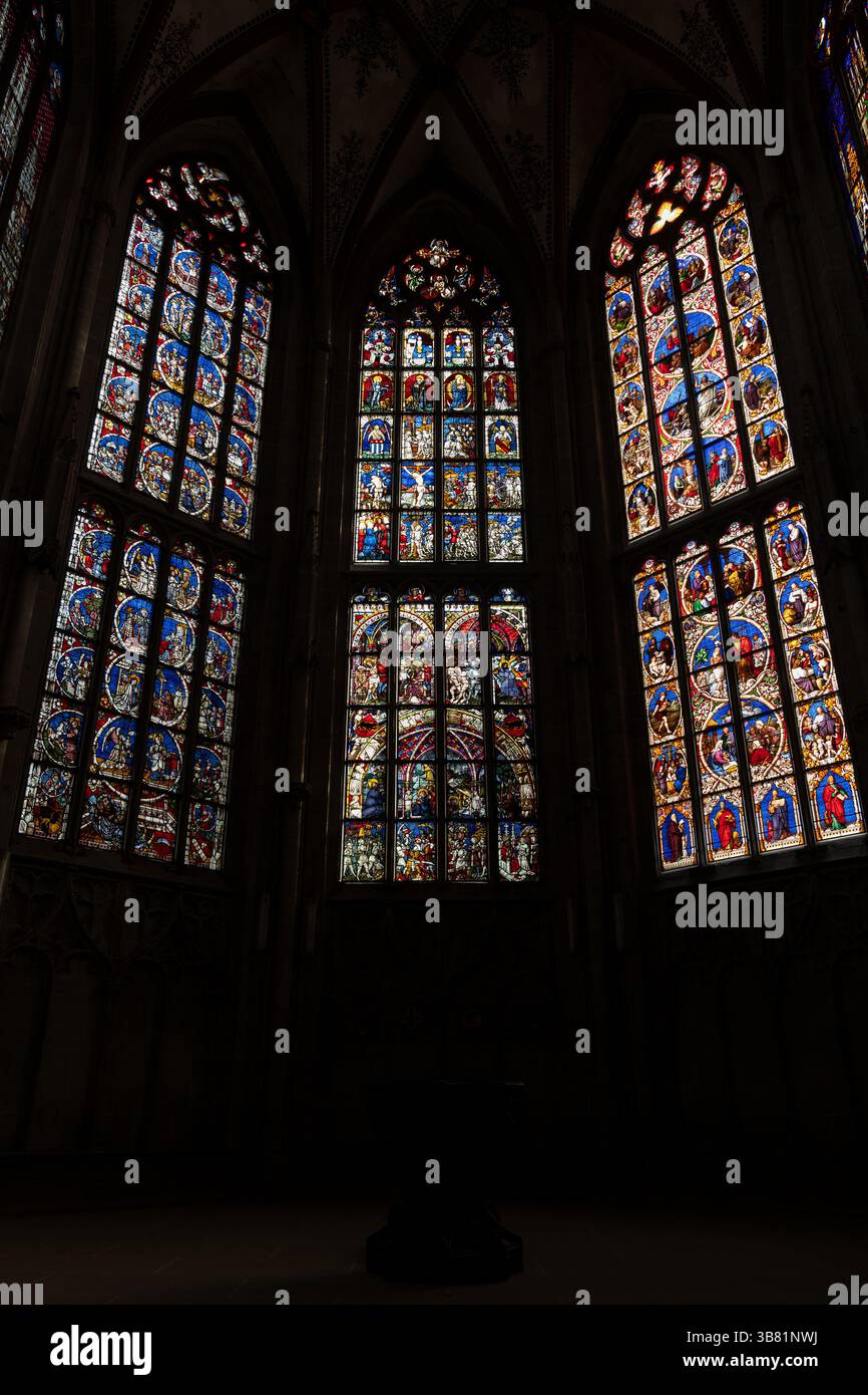 Passione e diecimila vetrate martiri nell'interno della cattedrale di Berna (Berner Munster) a Berna, Svizzera. Foto Stock