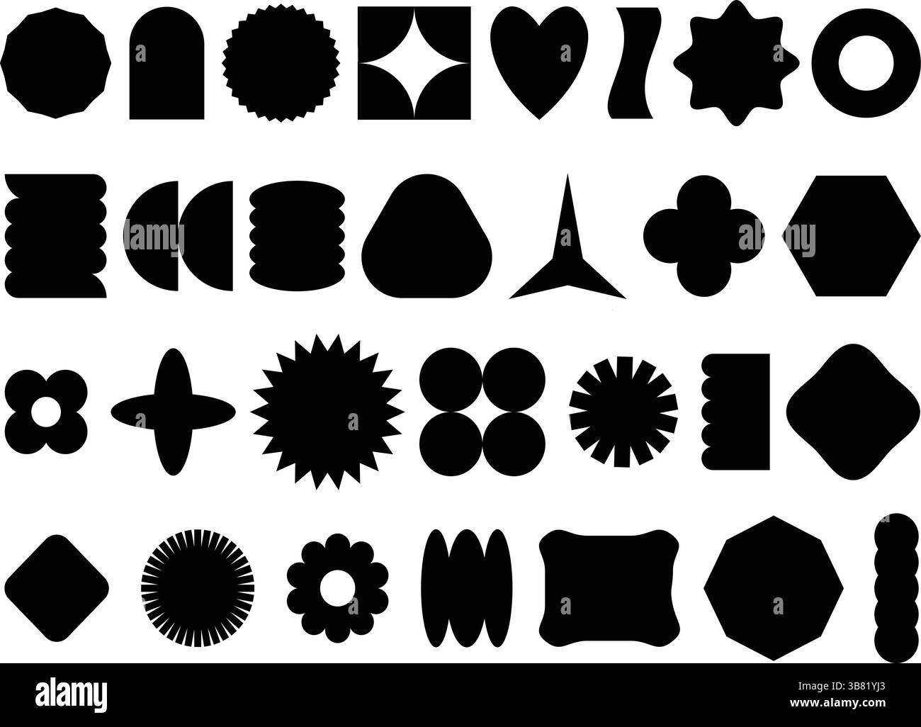 collezione di sagome nere astratte in vari stili geometrici e organici, utili per design, layout, decorazione, icone e simboli Illustrazione Vettoriale