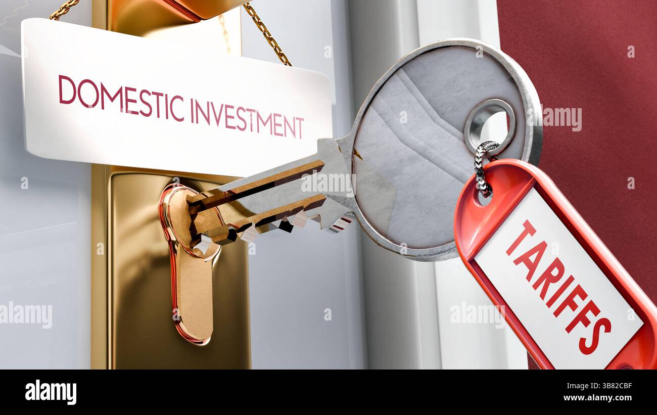 Le tariffe portano agli investimenti domestici - è una chiave per sbloccare gli investimenti nazionali. Una metafora della chiave della porta Foto Stock