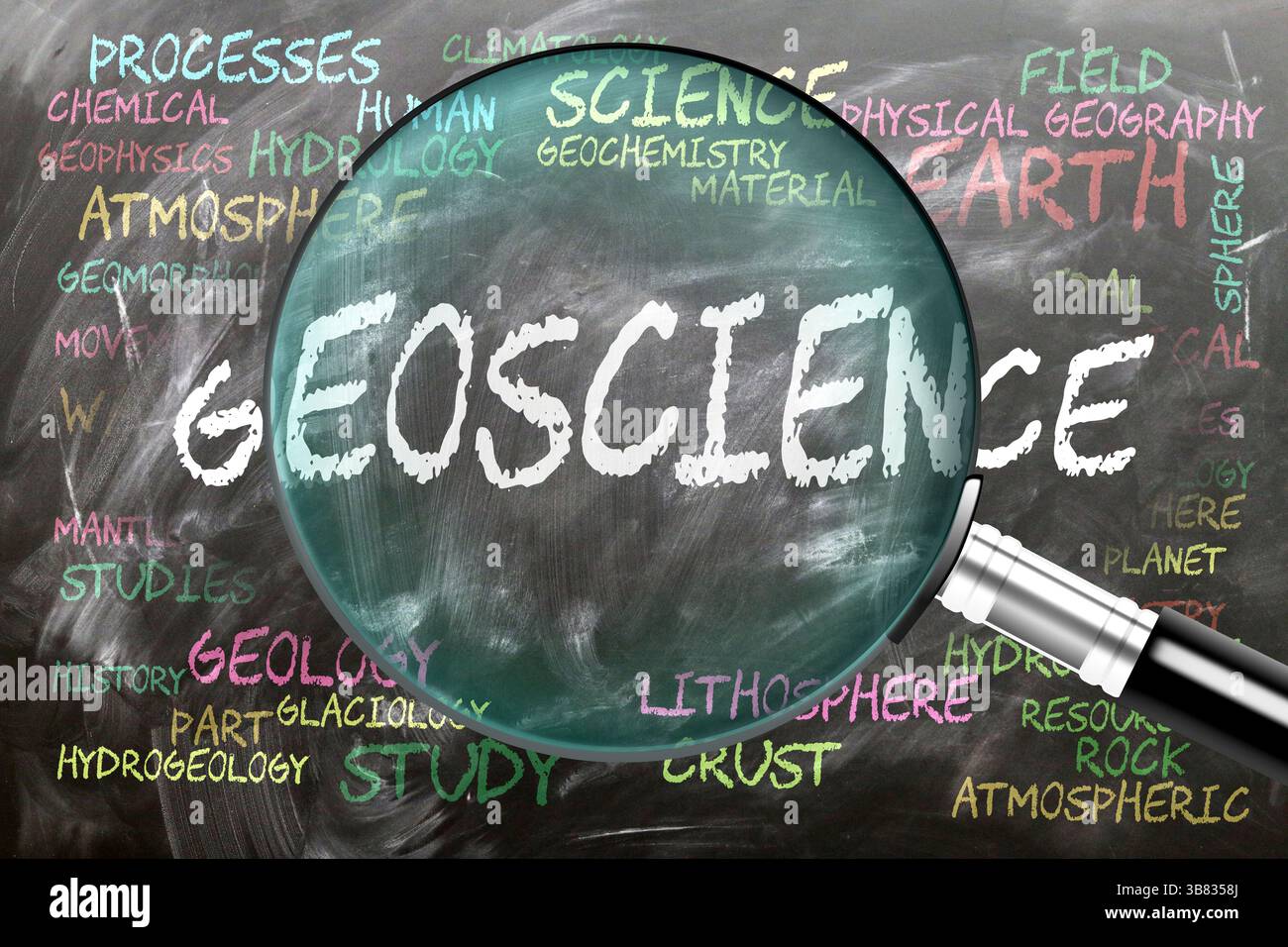 Geoscienza in fase di studio, esame - sotto stretta ispezione. Argomenti e idee più importanti strettamente correlati alla geoscienza scritti su una lavagna i Foto Stock