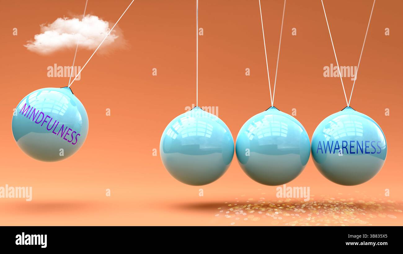 La consapevolezza produce consapevolezza. Una metafora della culla di Newton in cui la mentalità dà slancio alla consapevolezza. Rapporto causa-effetto tra Mindfulne Foto Stock