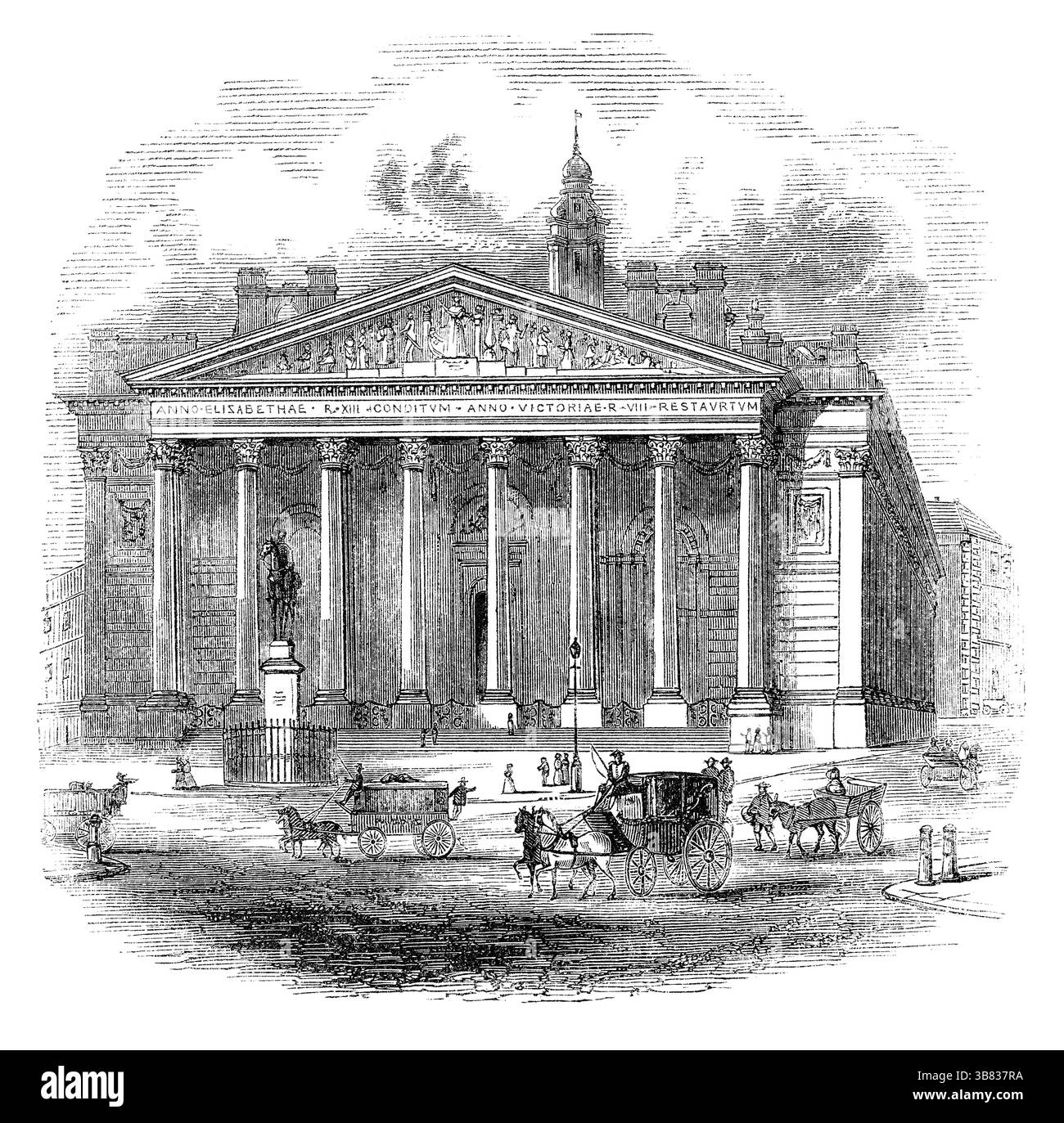 Incisione vintage 1854 del Royal Exchange nella City di Londra. Progettato da Sir William Tite. Foto Stock