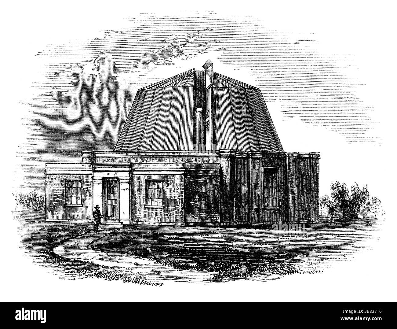 Incisione vintage 1854 dell'Osservatorio Equatoriale di Northumberland presso l'Università di Cambridge. La "cupola" di legno è stata sostituita negli anni '1930 Presentato all'università dal duca di Northumberland. Il montaggio del telescopio è stato progettato dal futuro astronomo Royal George Biddell Airy. Foto Stock