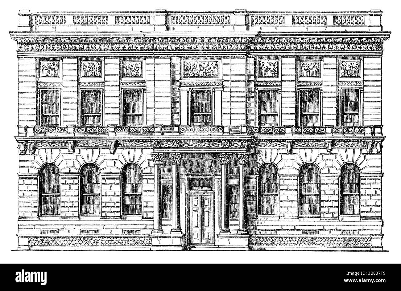 Incisione vintage del 1854 sull'elevazione anteriore della Oxford and Cambridge University Club House - ora Oxford and Cambridge Club. Si trova al 71–77 Pall Mall, Londra, in un edificio classificato Grade 2 progettato da Sir Robert Smirke. Foto Stock