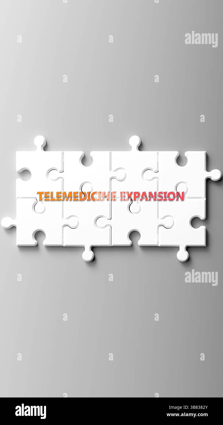 Telemedicina espansione come argomento complesso, correlato ad argomenti importanti che si diffondono come un Word cloud. Foto Stock