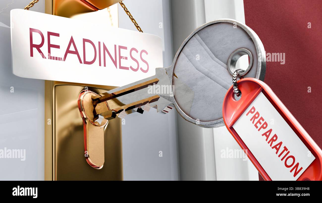 La preparazione porta alla preparazione: È la chiave per sbloccare la disponibilità. Una metafora della chiave della porta che mostra come la preparazione sia una chiave per accedere prontezza. E' un nece Foto Stock