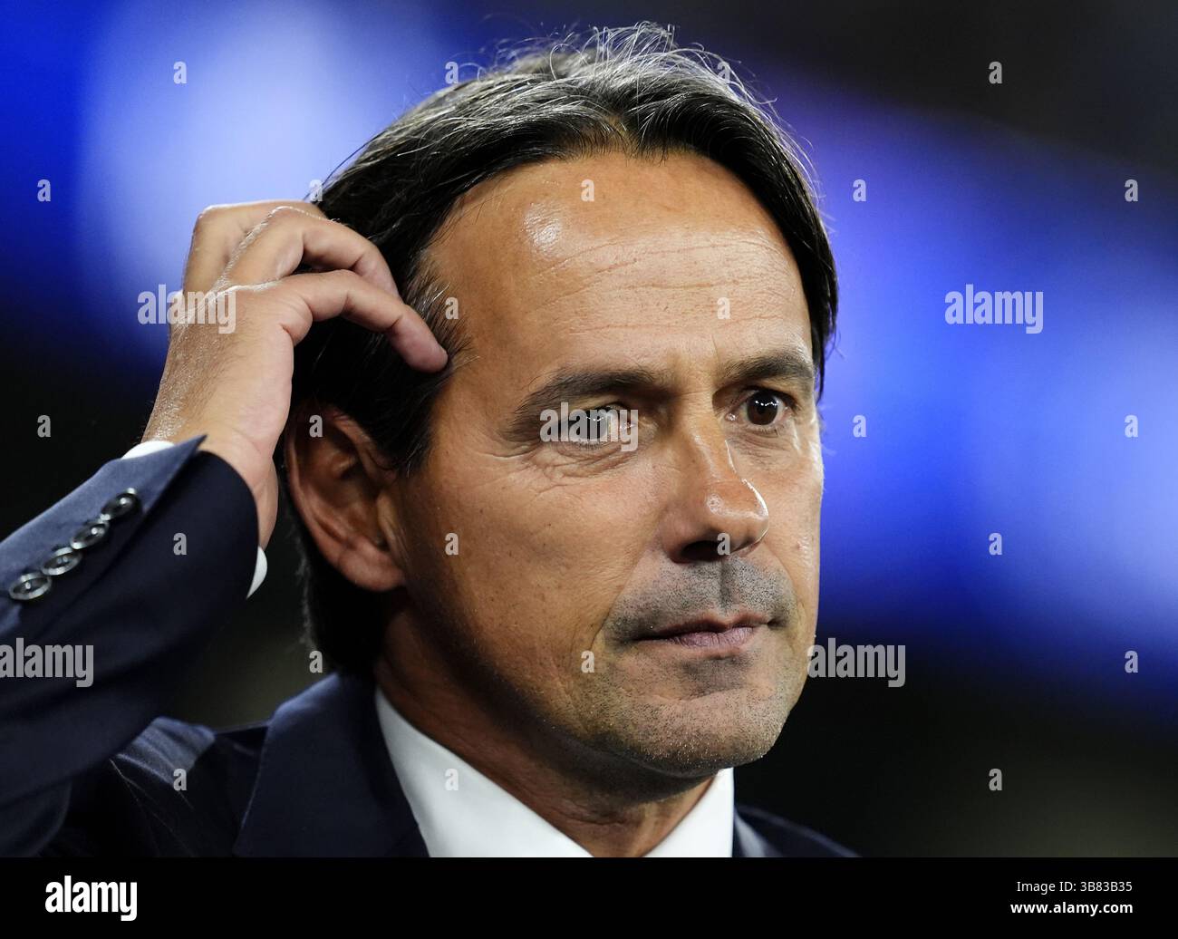 Foto del file del 18-09-2024 del manager Simone Inzaghi, che l'ha definita una performance "mostruosa" e più di un quotidiano italiano l'ha definita "mitica" dopo la splendida vittoria dell'Inter Milan nella semifinale di Champions League del 4-3 contro il Barcellona. Data di pubblicazione: Mercoledì 7 maggio 2025. Foto Stock