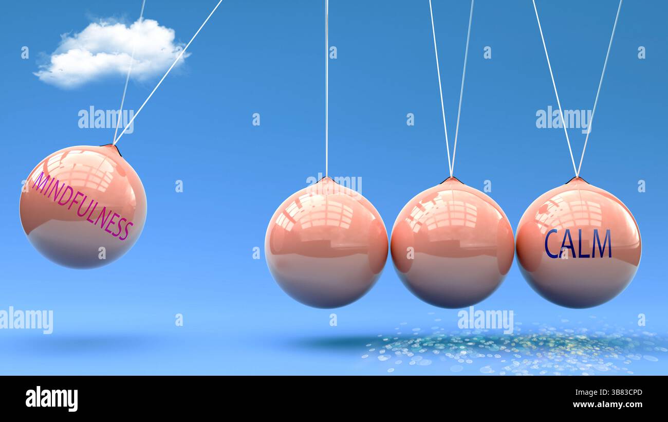 La consapevolezza produce calma. Una metafora della culla di Newton in cui Mindfulness dà slancio alla calma. Relazione causa-effetto tra Mindfulness e Cal Foto Stock