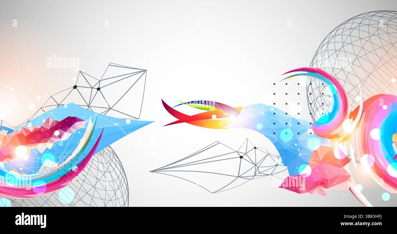 Opera d'arte astratta con onde colorate, forme poligonali e shphere wireframe. Vettore Illustrazione Vettoriale