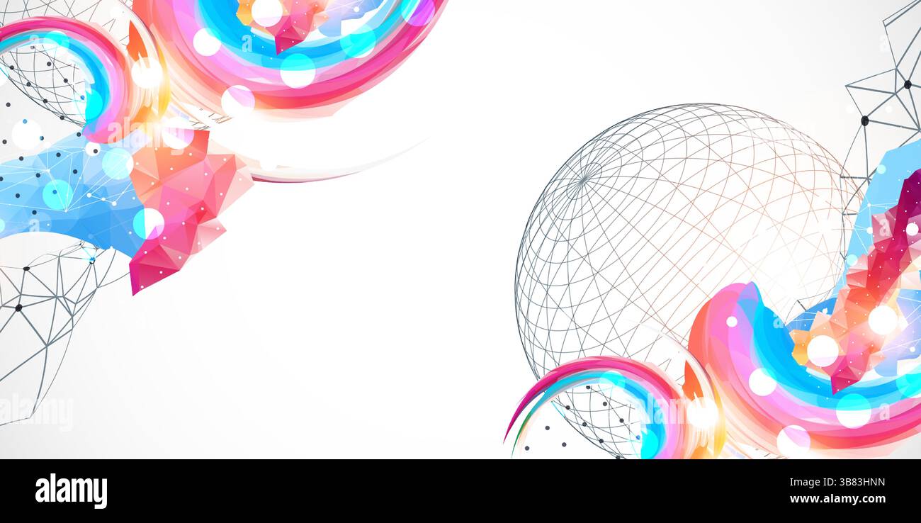 Opera d'arte astratta con onde colorate, forme poligonali e shphere wireframe. Vettore Illustrazione Vettoriale