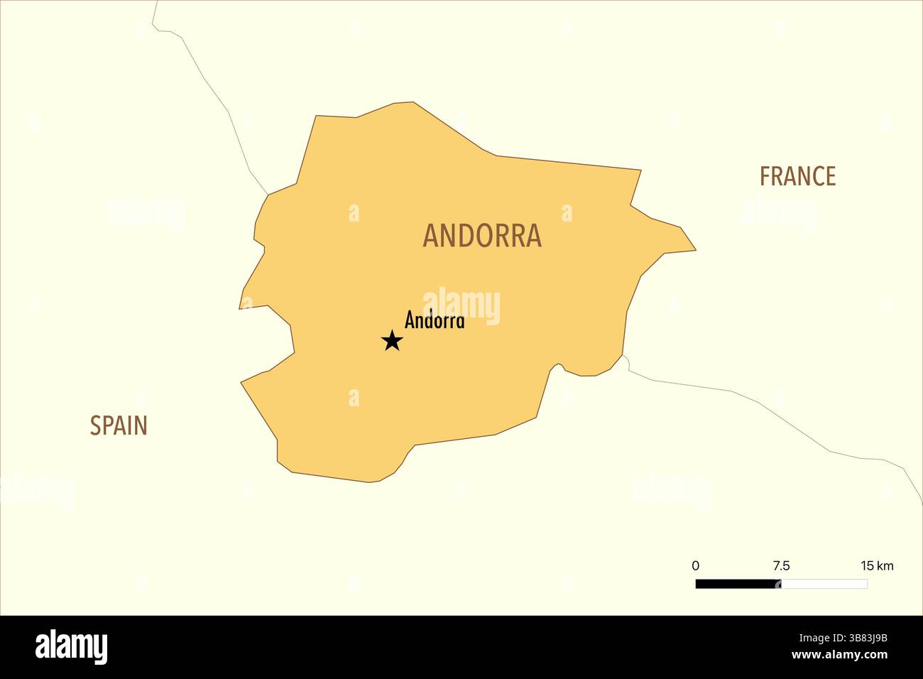Mappa di Andorra con le principali città e i paesi vicini Foto Stock
