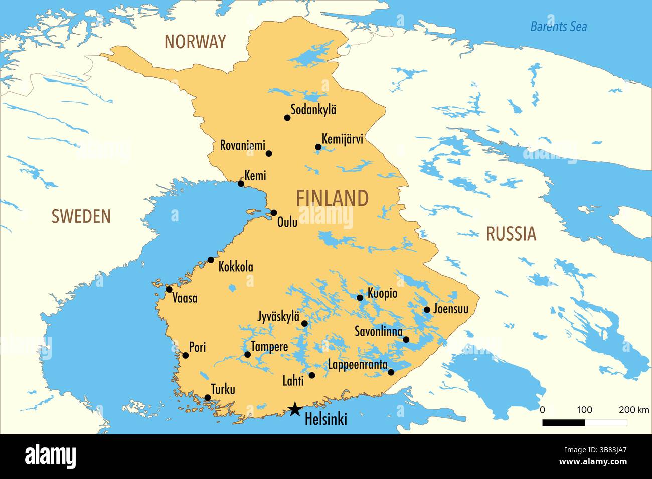 Mappa della Finlandia con le principali città e i paesi vicini Foto Stock