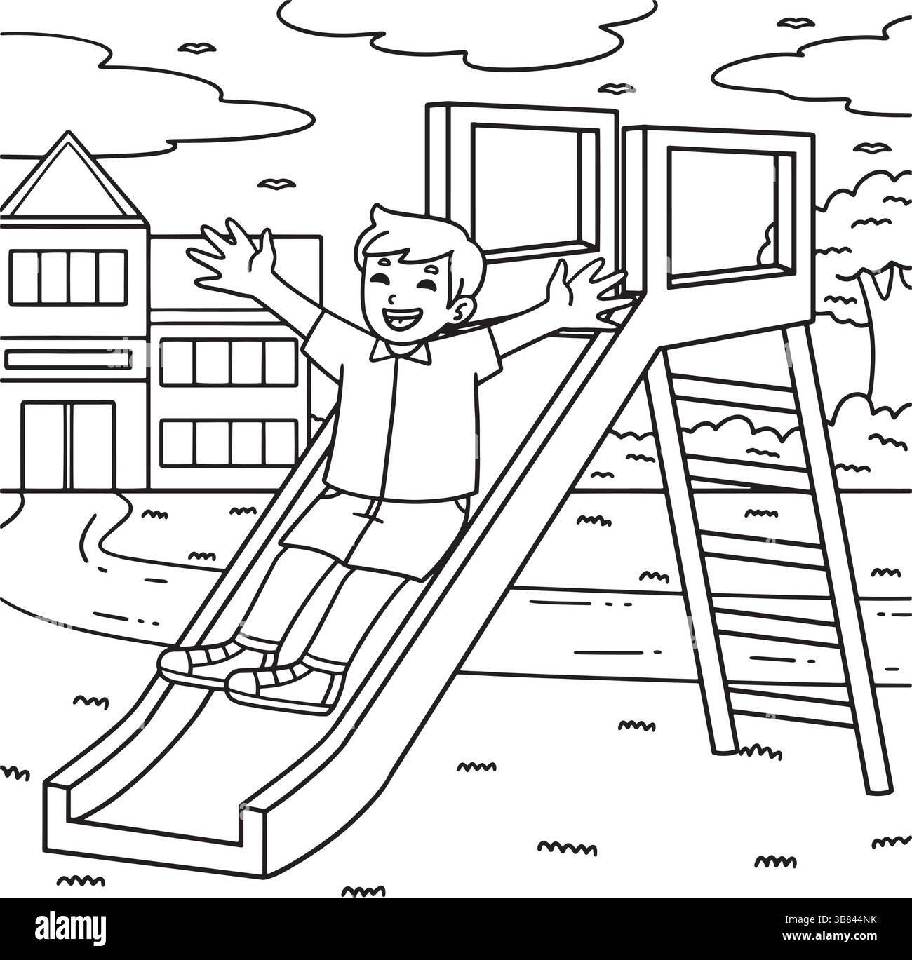 Playground Boy che gioca su una pagina da colorare per diapositive Illustrazione Vettoriale