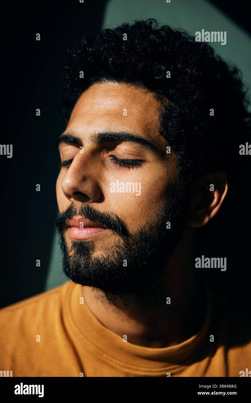 La luce del sole splende sull'uomo barbuto con gli occhi chiusi Foto Stock