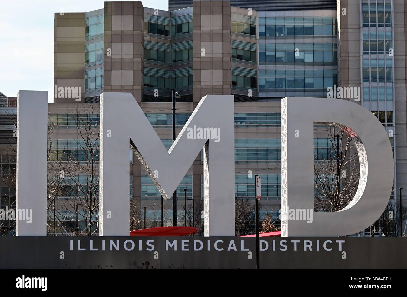 Chicago, Illinois, Stati Uniti. Un cartello lungo il perimetro dell'Illinois Medical District della città sul lato ovest di Chicago. Foto Stock