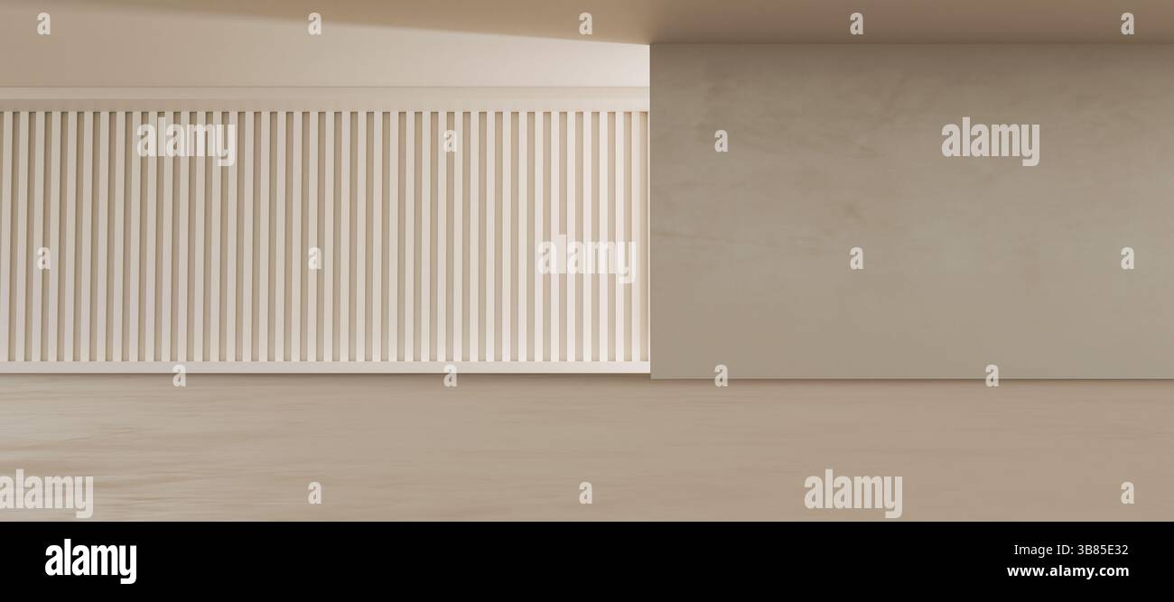 Camera vuota in cemento scuro con architettura minimalista, colonne, ombre e luce dall'esterno. Garage industriale interno o parcheggio. Illustrazione 3D. Foto Stock