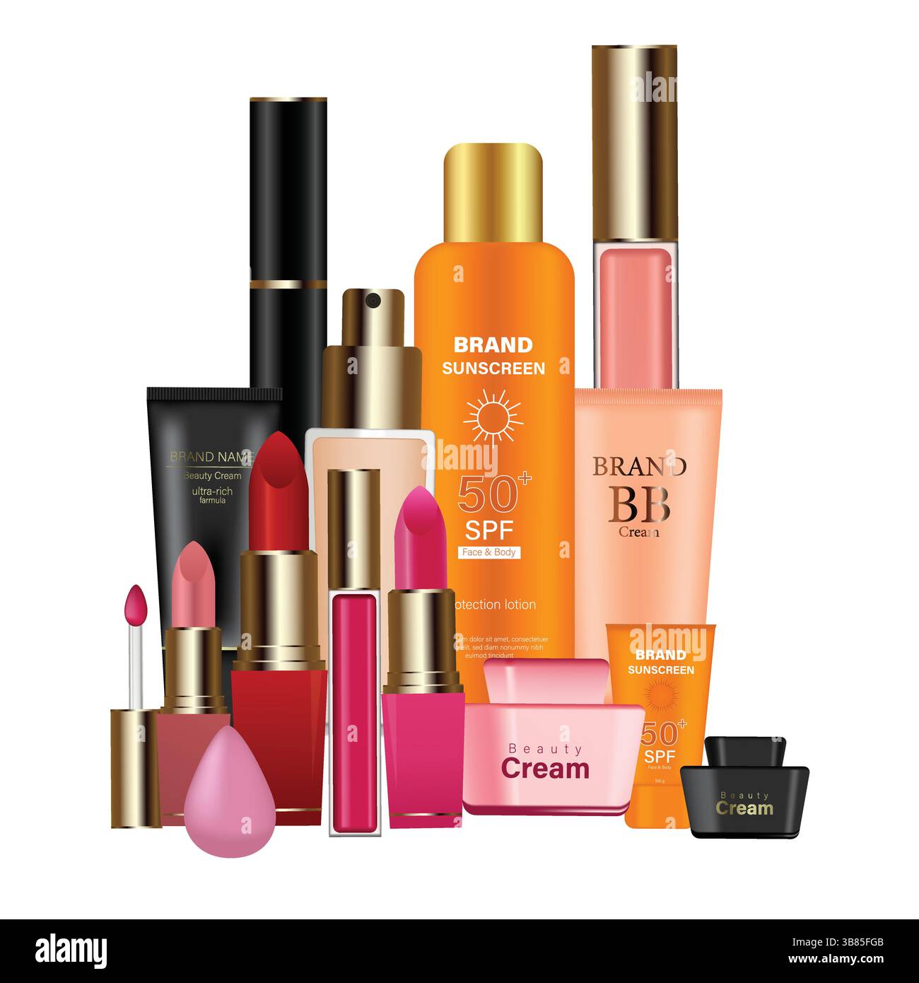 Collezione di cosmetici di bellezza, rossetti, lucidalabbra, fondazioni, crema solare, crema BB, crema viso, fodera occhi, illustrazione vettoriale. Illustrazione Vettoriale
