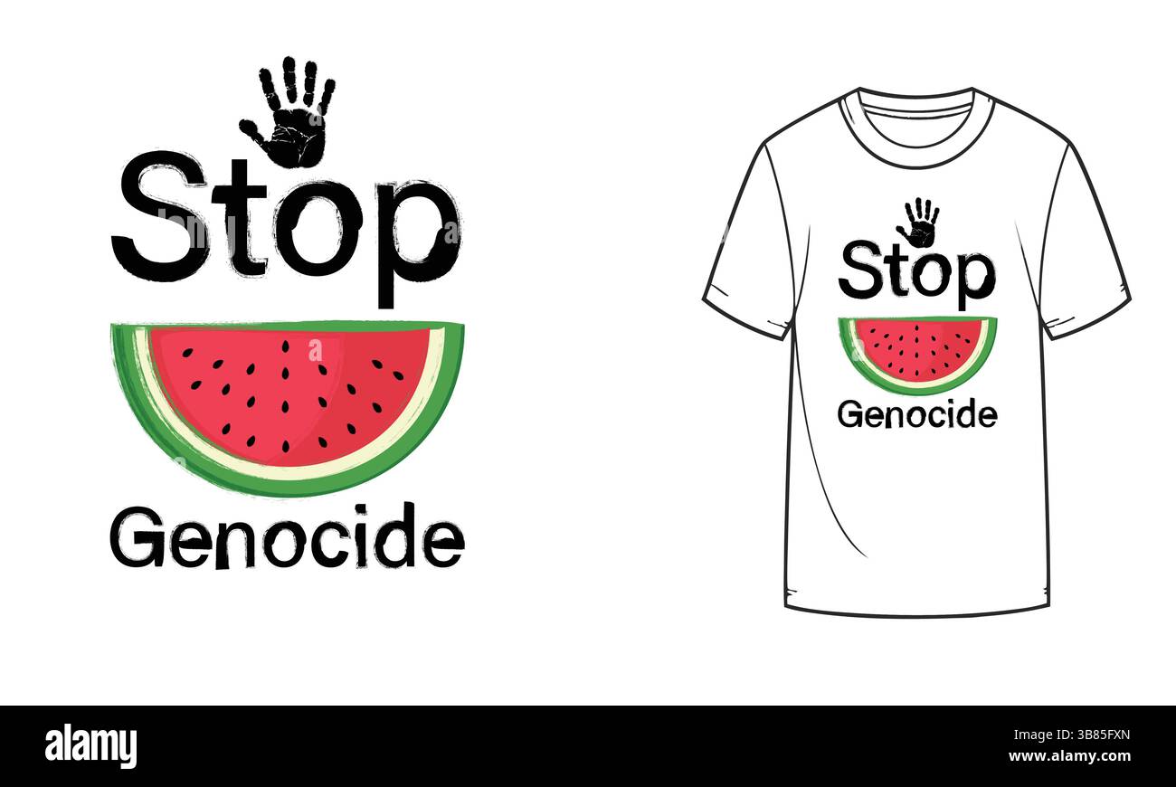 Design T-shirt Stop Genocide, anguria con scritta Stop Genocide in stile grunge, T-shirt vettoriale. Illustrazione Vettoriale