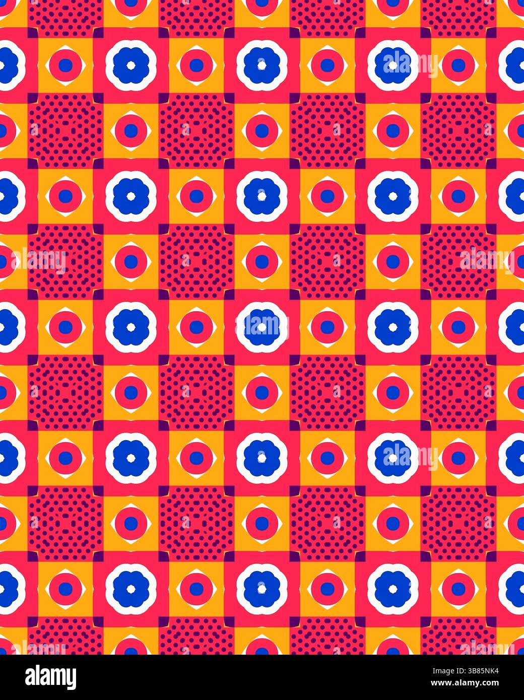Luminoso design geometrico caratterizzato da fiori e cerchi disposti in una griglia, che mostra uno schema di colori rosso e arancione vivace. Foto Stock Luminoso design geometrico caratterizzato da fiori e cerchi disposti in una griglia, che mostra uno schema di colori rosso e arancione vivace. Foto Stock
