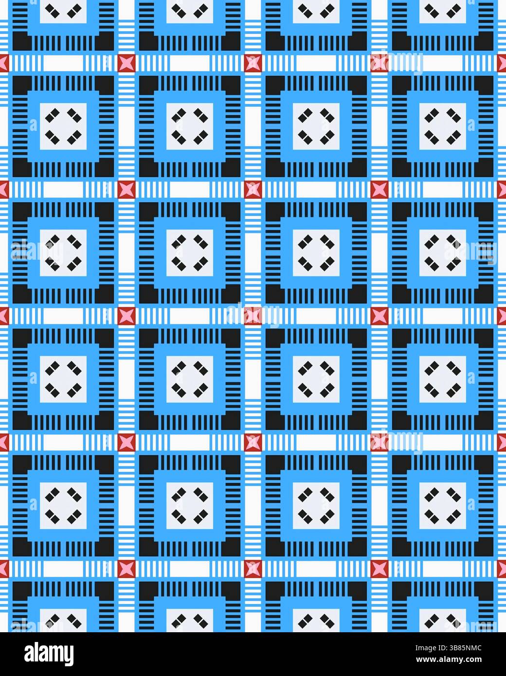 Il design geometrico è caratterizzato da quadrati e strisce alternati in tonalità di blu, nero, rosso e bianco, per creare un'immagine vivace e dinamica. Foto Stock Il design geometrico è caratterizzato da quadrati e strisce alternati in tonalità di blu, nero, rosso e bianco, per creare un'immagine vivace e dinamica. Foto Stock