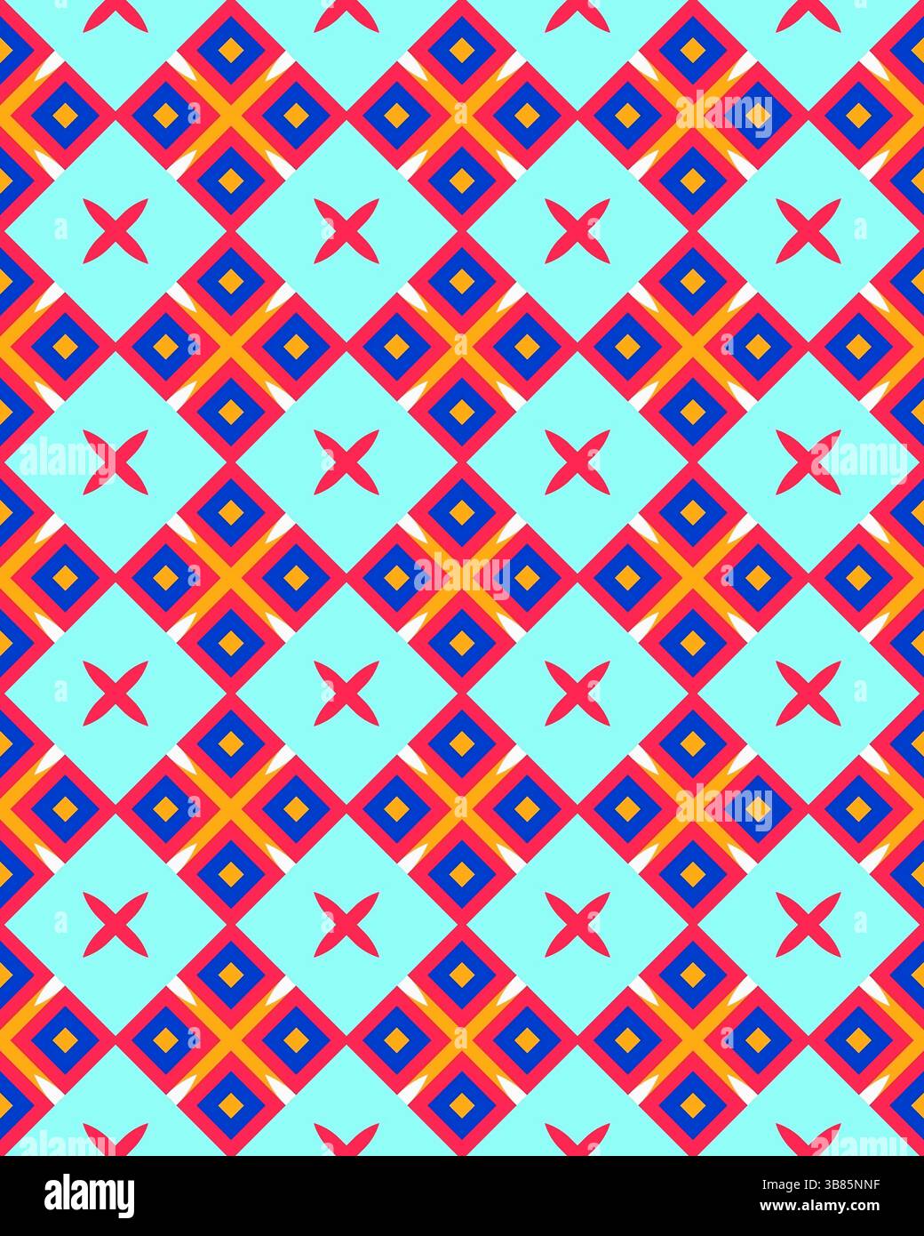 Le vivaci forme geometriche in rosso, blu e arancione creano un motivo dinamico su un morbido sfondo azzurro, che mette in risalto il design moderno. Foto Stock