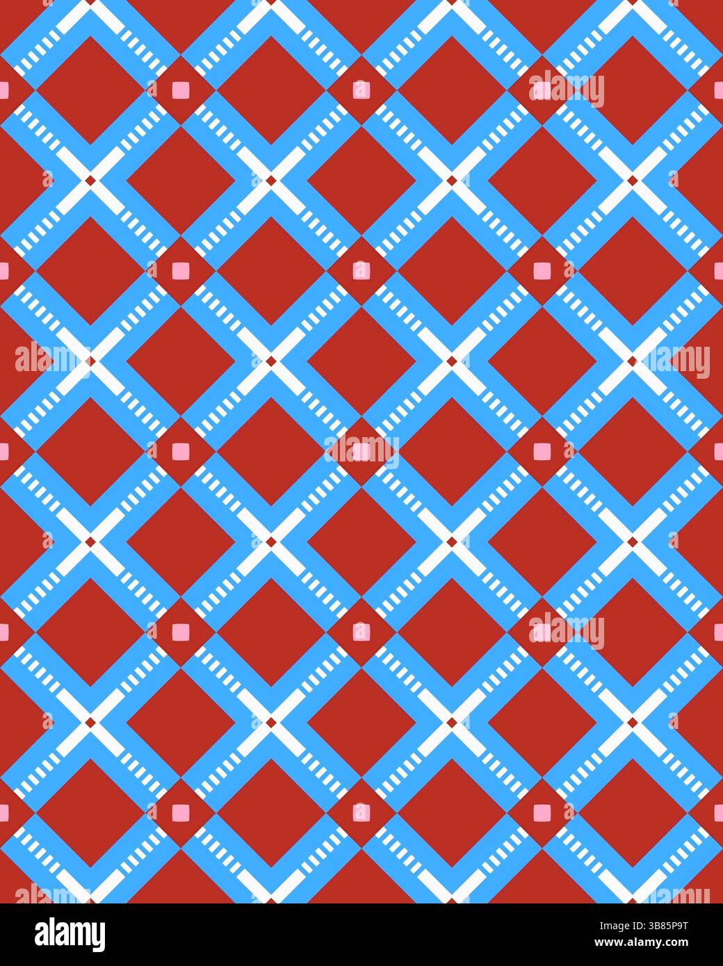 Questo motivo presenta un design geometrico sorprendente con diamanti rossi alternati e linee blu che creano un effetto visivo dinamico. Foto Stock Questo motivo presenta un design geometrico sorprendente con diamanti rossi alternati e linee blu che creano un effetto visivo dinamico. Foto Stock