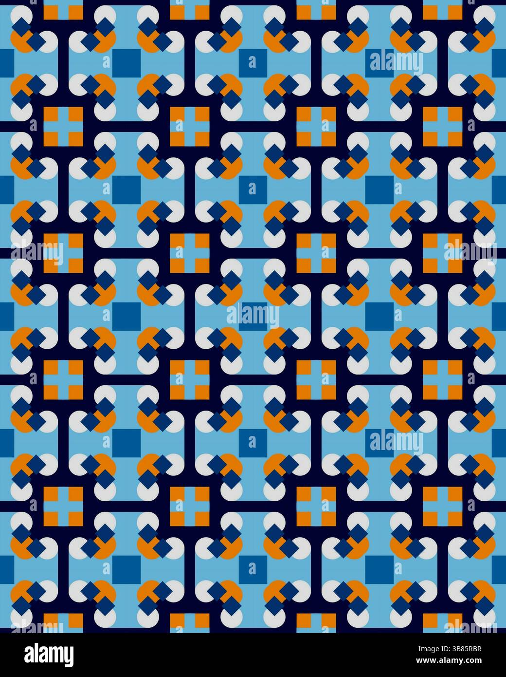 Caratteristiche di design ripetute forme geometriche complesse disposte in una vibrante combinazione di colori blu, arancione e bianco. Foto Stock Caratteristiche di design ripetute forme geometriche complesse disposte in una vibrante combinazione di colori blu, arancione e bianco. Foto Stock