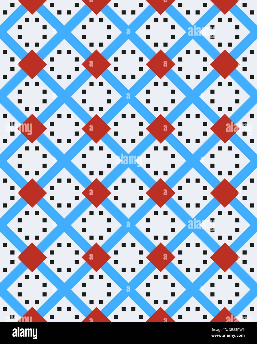 Un motivo decorativo presenta forme blu, rosse e nere disposte in un design geometrico ripetuto su uno sfondo bianco. Foto Stock