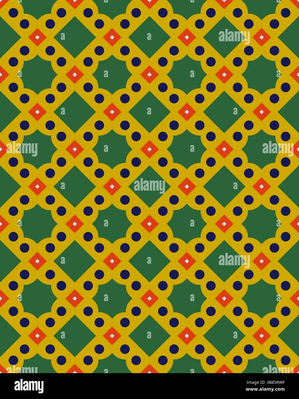 Forme geometriche colorate formano un pattern ripetuto con tonalità verde, giallo, rosso e blu, ideali per l'interior design o la moda. Foto Stock Forme geometriche colorate formano un pattern ripetuto con tonalità verde, giallo, rosso e blu, ideali per l'interior design o la moda. Foto Stock