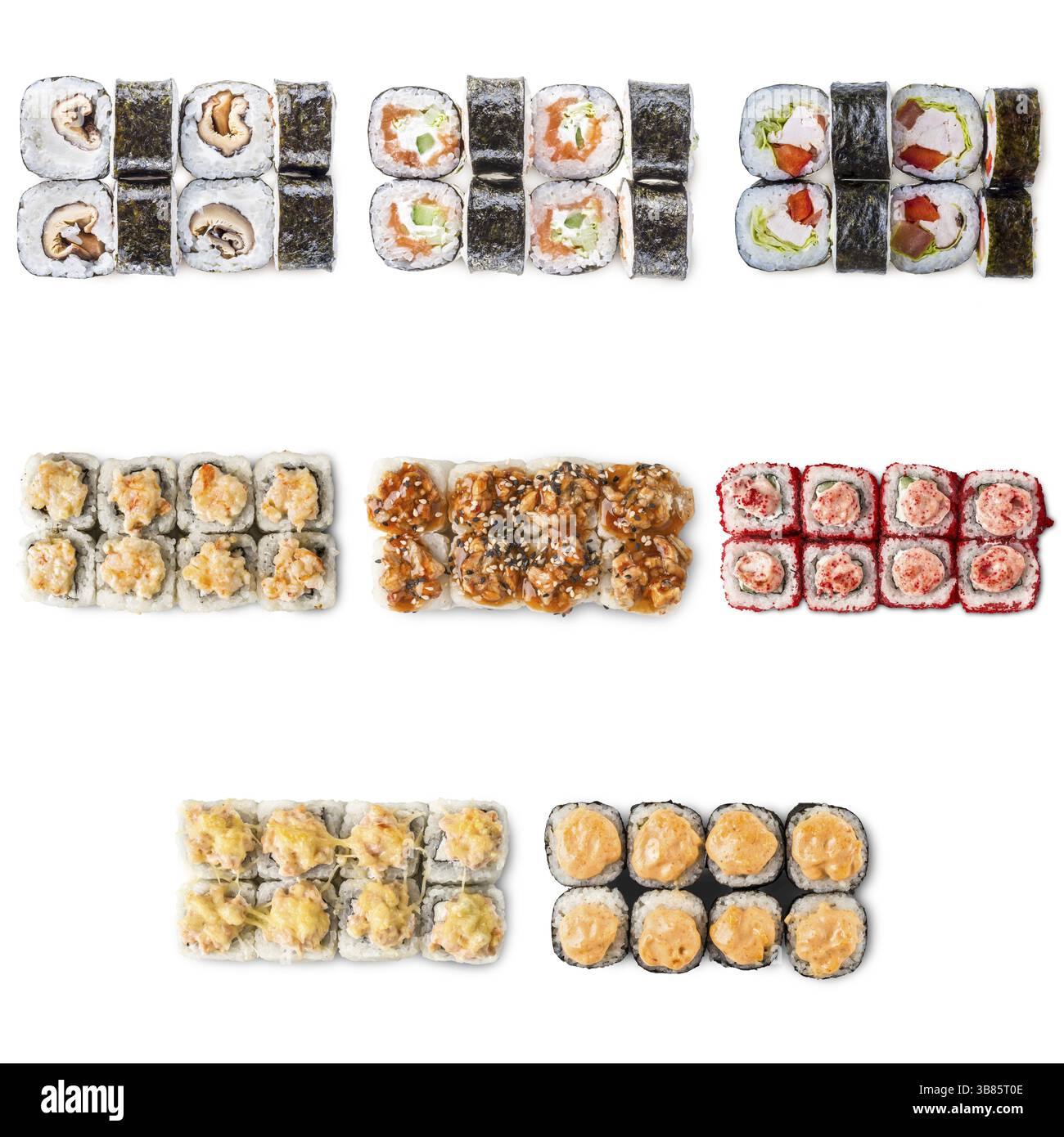 Frutti di mare - set di rulli isolato su sfondo bianco Foto Stock