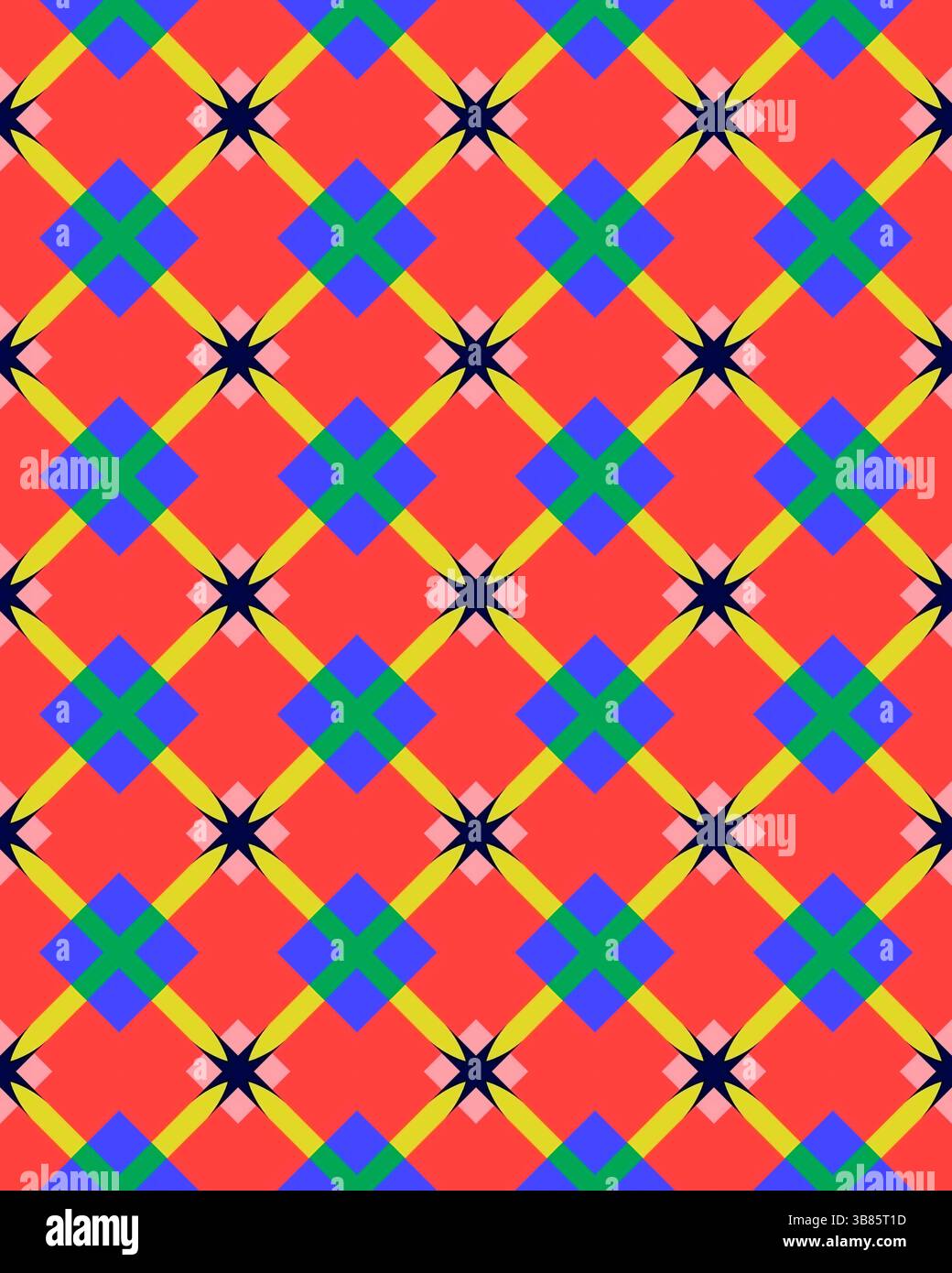 Un design accattivante presenta forme a incastro, tra cui quadrati e stelle in colori vivaci su uno sfondo rosso brillante. Foto Stock Un design accattivante presenta forme a incastro, tra cui quadrati e stelle in colori vivaci su uno sfondo rosso brillante. Foto Stock
