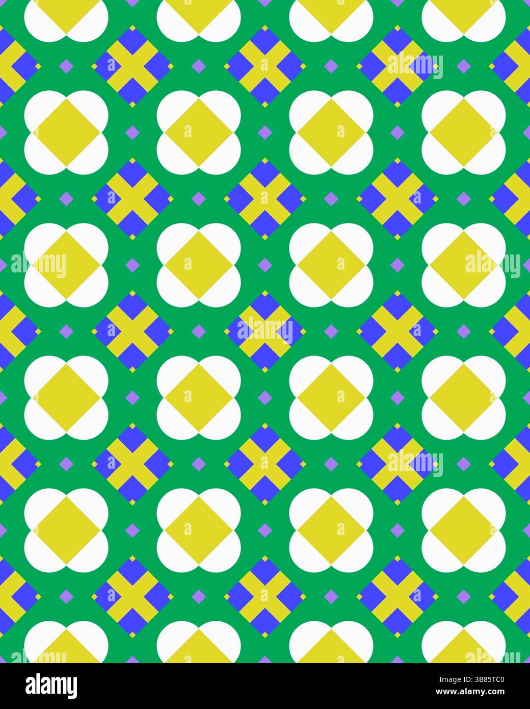 I colori brillanti creano un coinvolgente motivo geometrico con fiori e croci ripetuti su uno sfondo verde brillante. Foto Stock I colori brillanti creano un coinvolgente motivo geometrico con fiori e croci ripetuti su uno sfondo verde brillante. Foto Stock