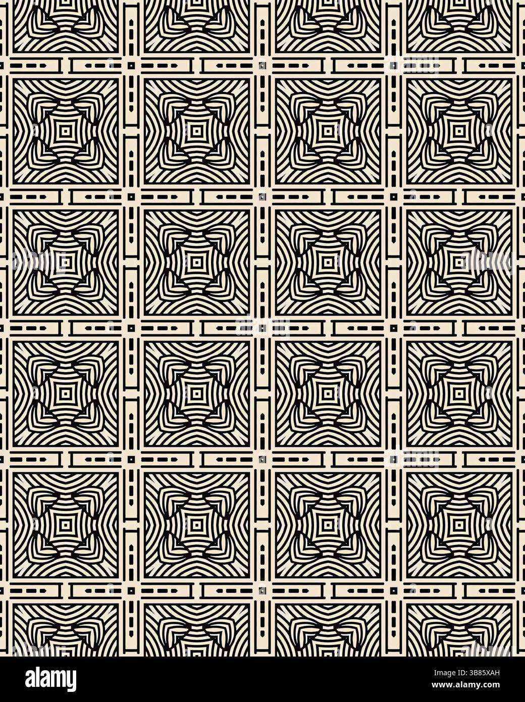 Questo design presenta una serie di motivi geometrici interconnessi, composti da quadrati e forme circolari, realizzati in uno schema di colori bianco e nero. Foto Stock Questo design presenta una serie di motivi geometrici interconnessi, composti da quadrati e forme circolari, realizzati in uno schema di colori bianco e nero. Foto Stock