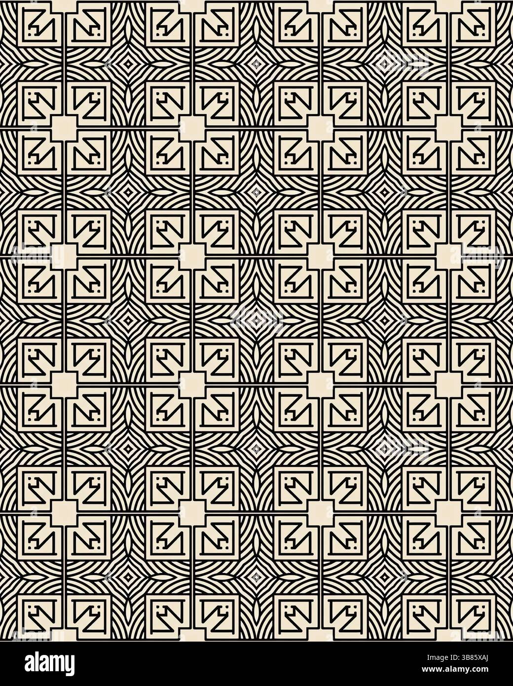 Questo design presenta una serie di motivi geometrici interconnessi, composti da quadrati e forme circolari, realizzati in uno schema di colori bianco e nero. Foto Stock Questo design presenta una serie di motivi geometrici interconnessi, composti da quadrati e forme circolari, realizzati in uno schema di colori bianco e nero. Foto Stock