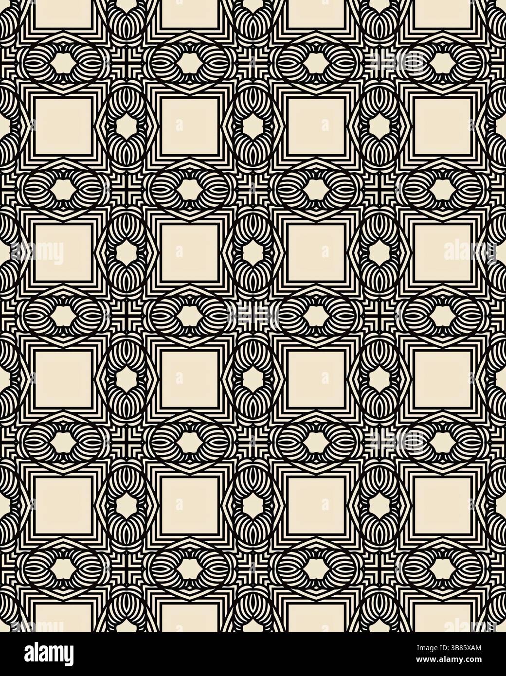 Questo design presenta una serie di motivi geometrici interconnessi, composti da quadrati e forme circolari, realizzati in uno schema di colori bianco e nero. Foto Stock Questo design presenta una serie di motivi geometrici interconnessi, composti da quadrati e forme circolari, realizzati in uno schema di colori bianco e nero. Foto Stock