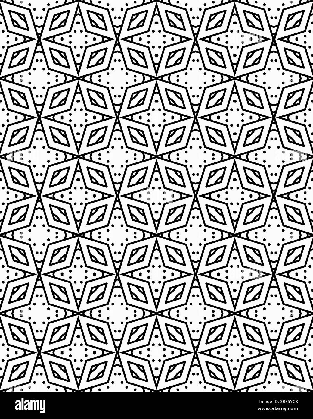 Una disposizione geometrica dettagliata di esagoni e forme di foglie crea un sorprendente motivo bianco e nero su uno sfondo nitido. Foto Stock Una disposizione geometrica dettagliata di esagoni e forme di foglie crea un sorprendente motivo bianco e nero su uno sfondo nitido. Foto Stock