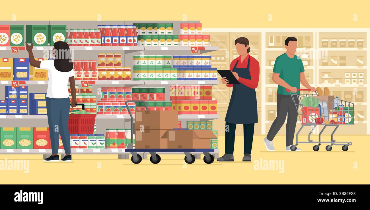 Clienti che acquistano generi alimentari al supermercato e lavoratori che controllano le merci: Concetto di commercio e vendita al dettaglio di alimenti Illustrazione Vettoriale