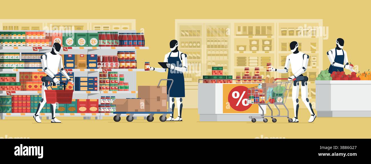 Robot umanoidi nel negozio di alimentari, acquistano alimentari e lavorano come assistenti di negozio e impiegati di magazzino Illustrazione Vettoriale Robot umanoidi nel negozio di alimentari, acquistano alimentari e lavorano come assistenti di negozio e impiegati di magazzino Illustrazione Vettoriale