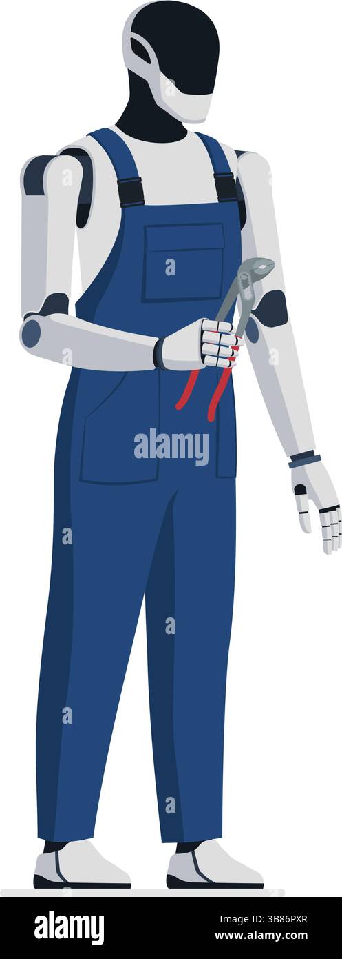 Robot umanoide Prumber ai con uno strumento, concetto di assistenza e riparazione professionale, isolato Illustrazione Vettoriale