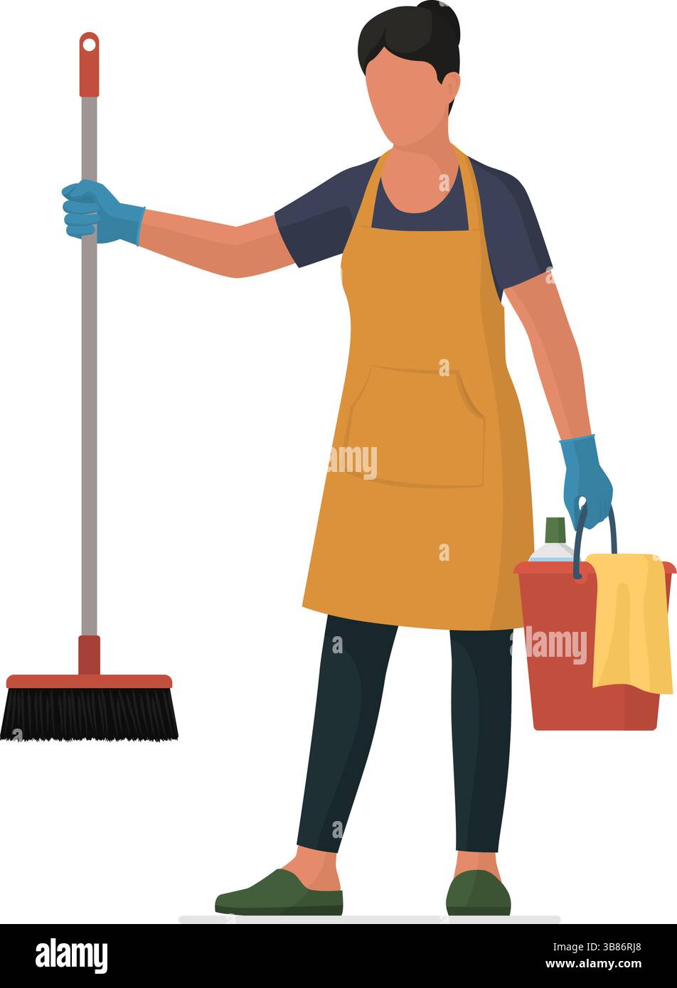 Casalinga che indossa un grembiule e pulisce la sua casa con i prodotti per la pulizia: Sta mostrando una scopa, isolata Illustrazione Vettoriale