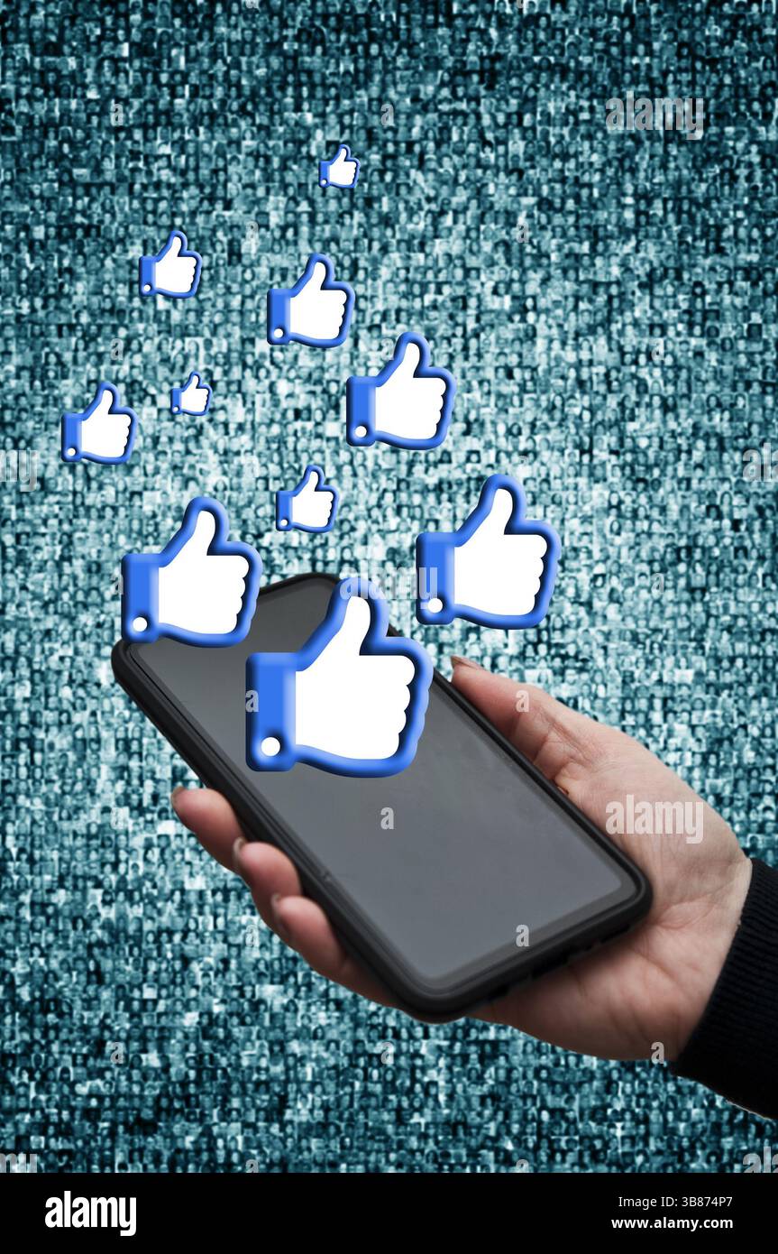concetto di thumb-up per i social media come e la condivisione di contenuti Foto Stock