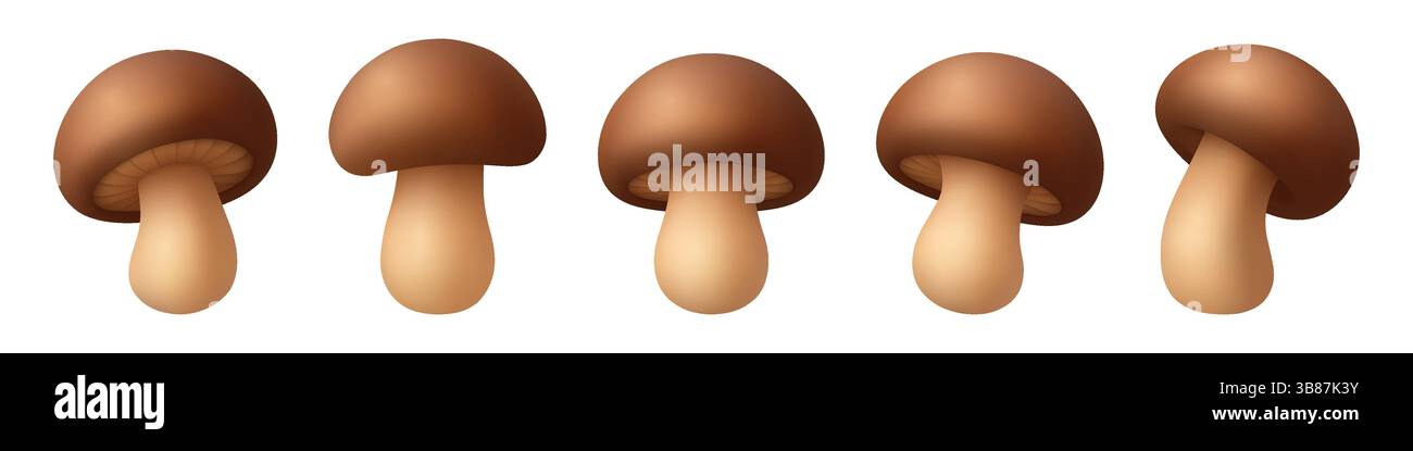 Set di icone a fungo realistico 3D cute Vector. Illustrazioni di funghi cartoni animati primo piano isolato su sfondo bianco. Clipart funghi funghi, modello di progetto Illustrazione Vettoriale